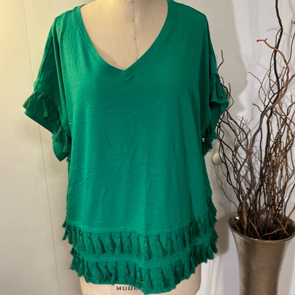 For the Republic bright green V-neck fringe short sleeve blouse